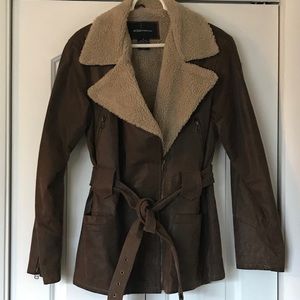 Belted Leather Aviator Coat
